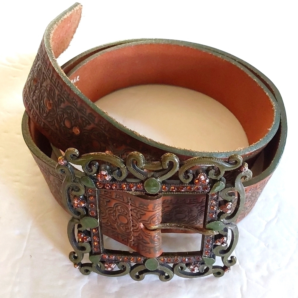 Belt Shak Premium leather Brown TOOLED Crystal Buckle Belt Sz.XL